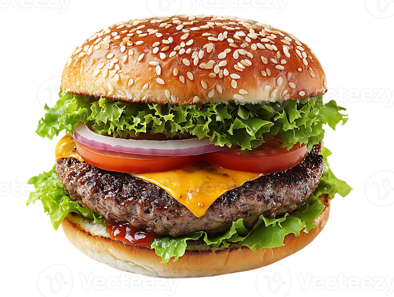 Juicy Cheeseburger with Fresh Lettuce, Tomato, and Onion on a Sesame Seed Bun with Transparent Background png