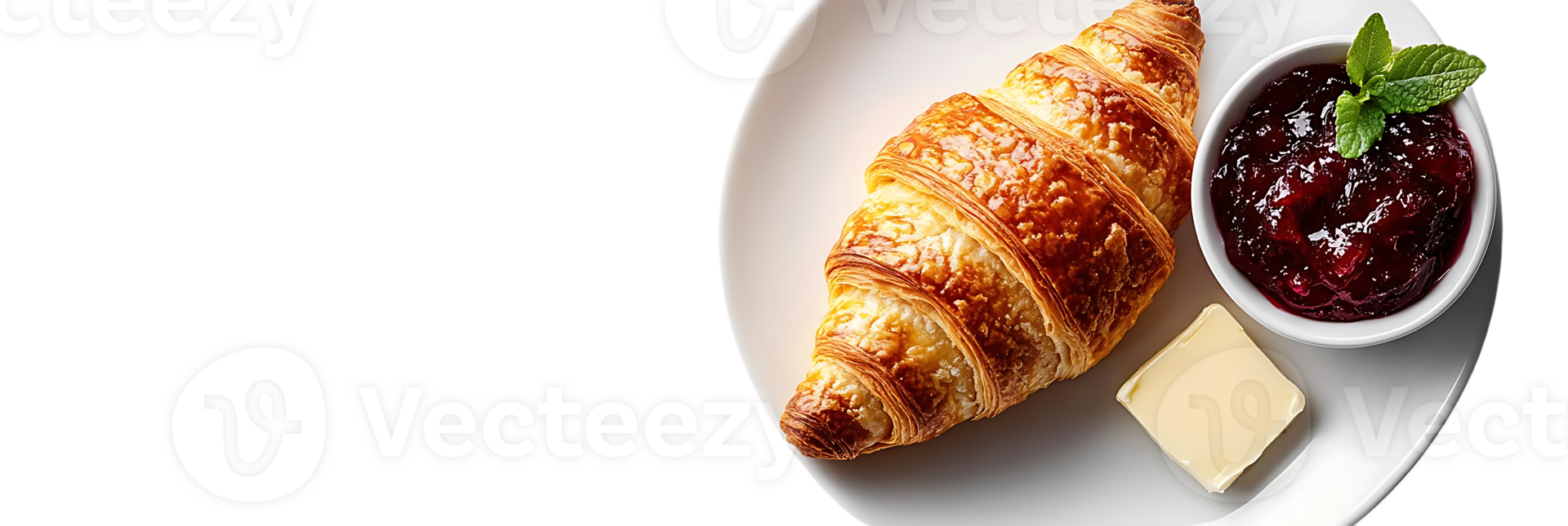 Delicious Croissant Served on a White Plate with Butter and Red Jam, a Perfect Breakfast or Brunch Option with a Transparent Background. png