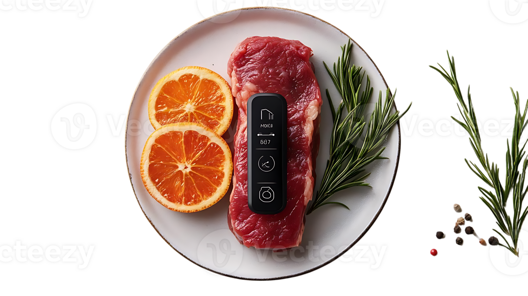 Smart Meat Thermometer with Transparent Background for Precise Cooking, Perfect Steak with Rosemary and Orange Slices on a Plate, Easy and Convenient png