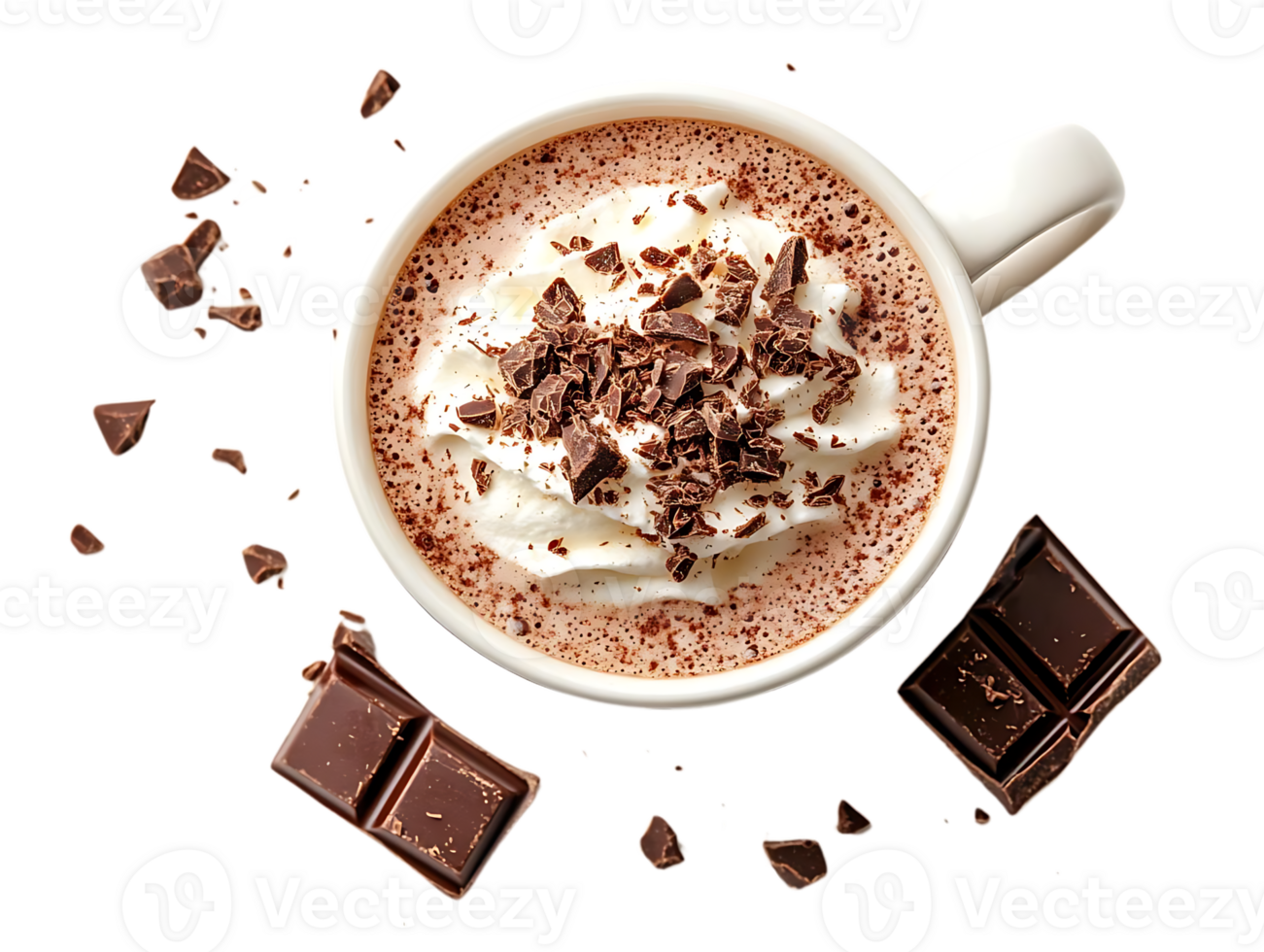 Indulge in a Delicious Cup of Hot Chocolate with Whipped Cream and Chocolate Shavings, a Perfect Winter Treat. png