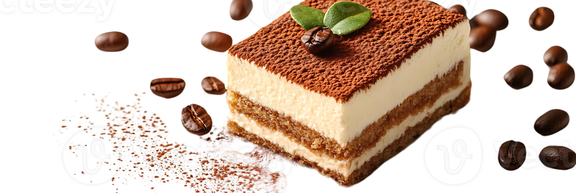 A Delicious Slice of Tiramisu with a Transparent Background, Coffee Beans Falling Around It png