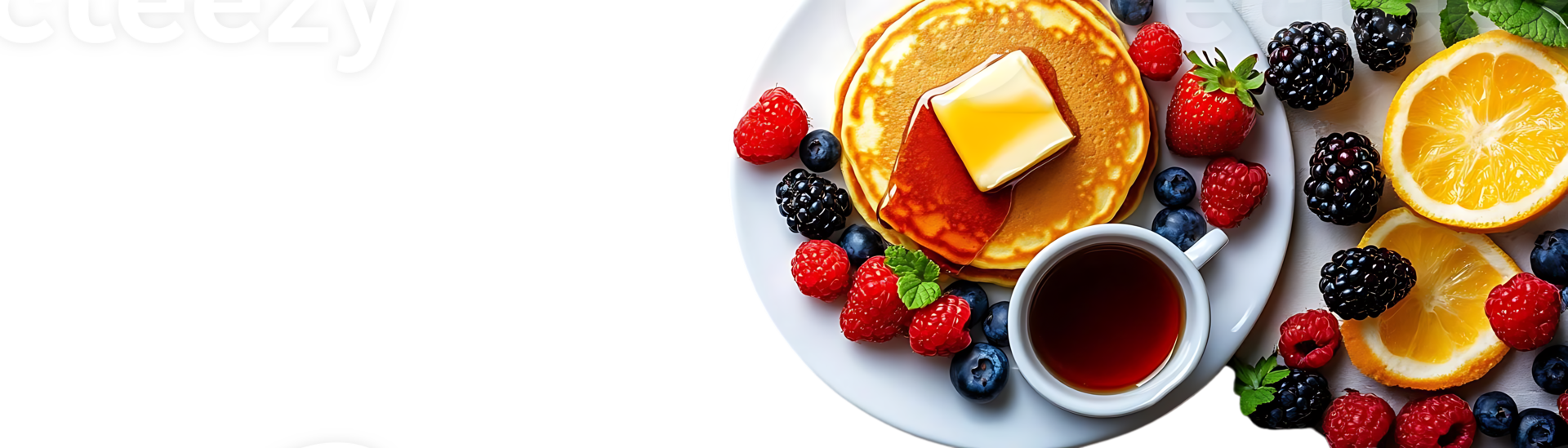 Pancakes Drizzled with Syrup and Topped with Butter, Served with Fresh Raspberries, Blackberries, Blueberries, Strawberries, and Orange Slices on a Plate with a Transparent Background png