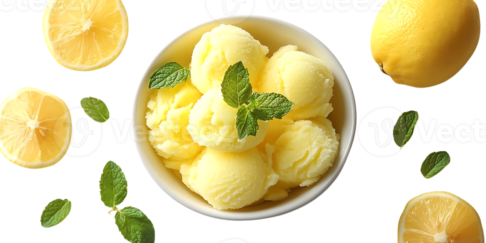 Lemon Sorbet with Mint Leaves, a Refreshing Summer Treat with Transparent Background png