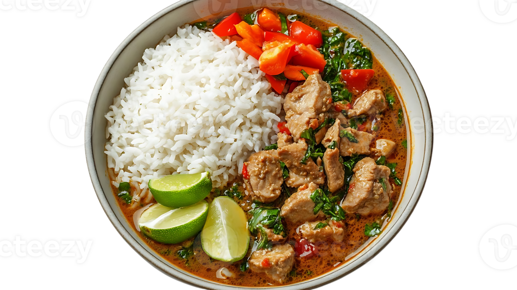 Delicious Thai Basil Pork Curry with White Rice, Red Peppers, and Lime Wedges with a Transparent Background png