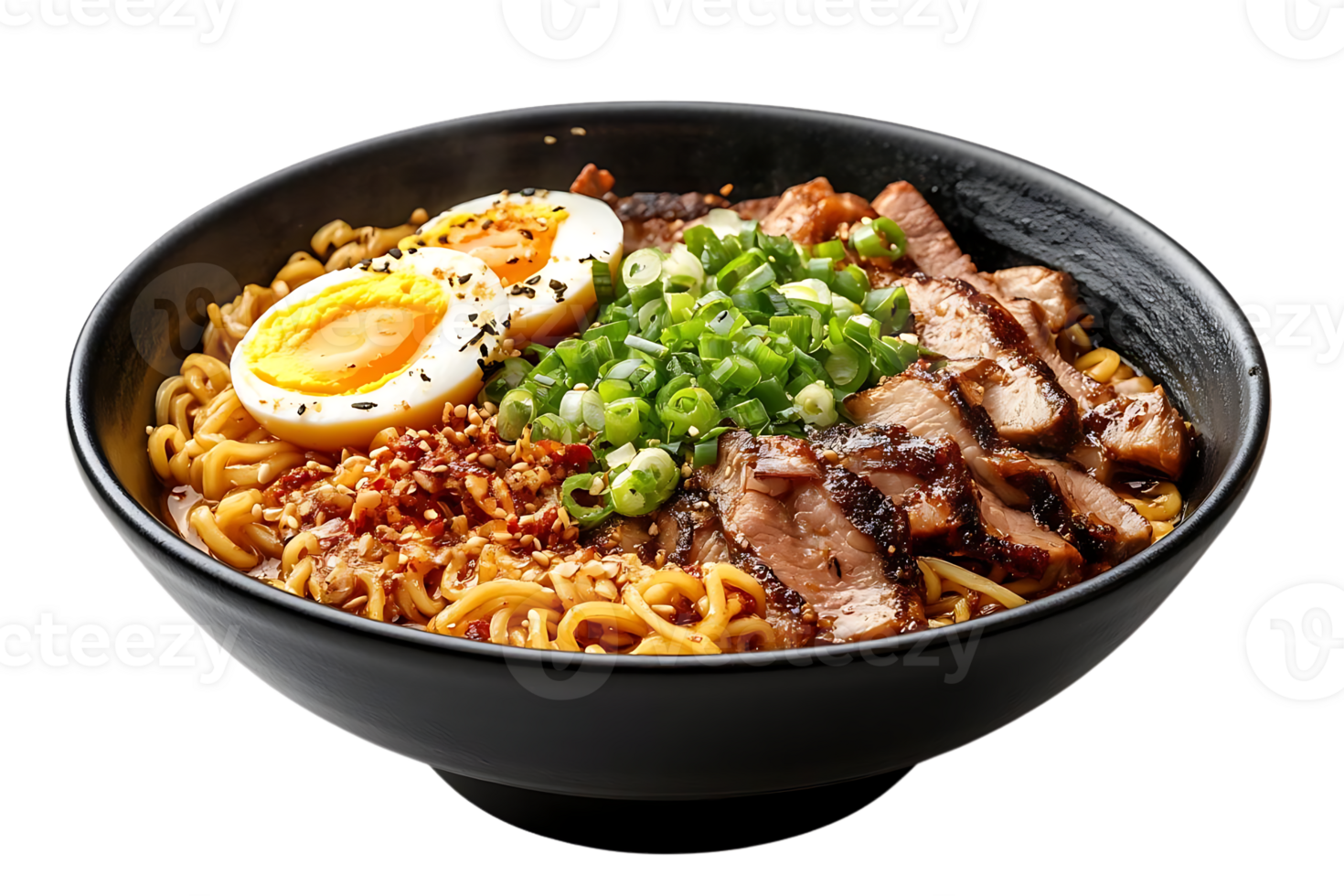 Delicious Ramen Bowl with Sliced Pork, Egg, and Green Onions, a Flavorful Fusion of Asian Cuisine with a Transparent Background png