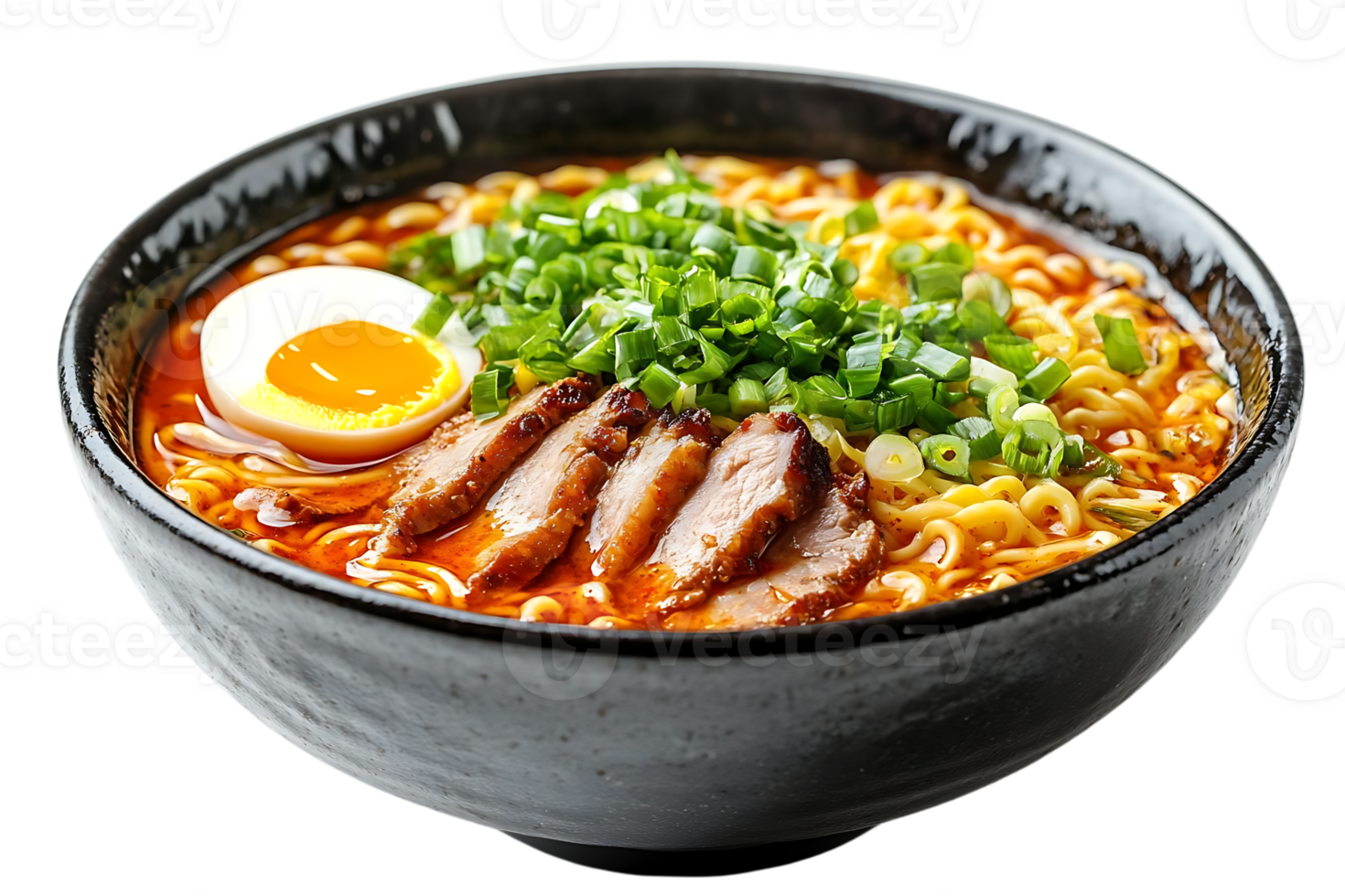 Delicious Ramen Noodles with Pork, Egg, and Green Onions, Served in a Black Bowl with a Transparent Background png