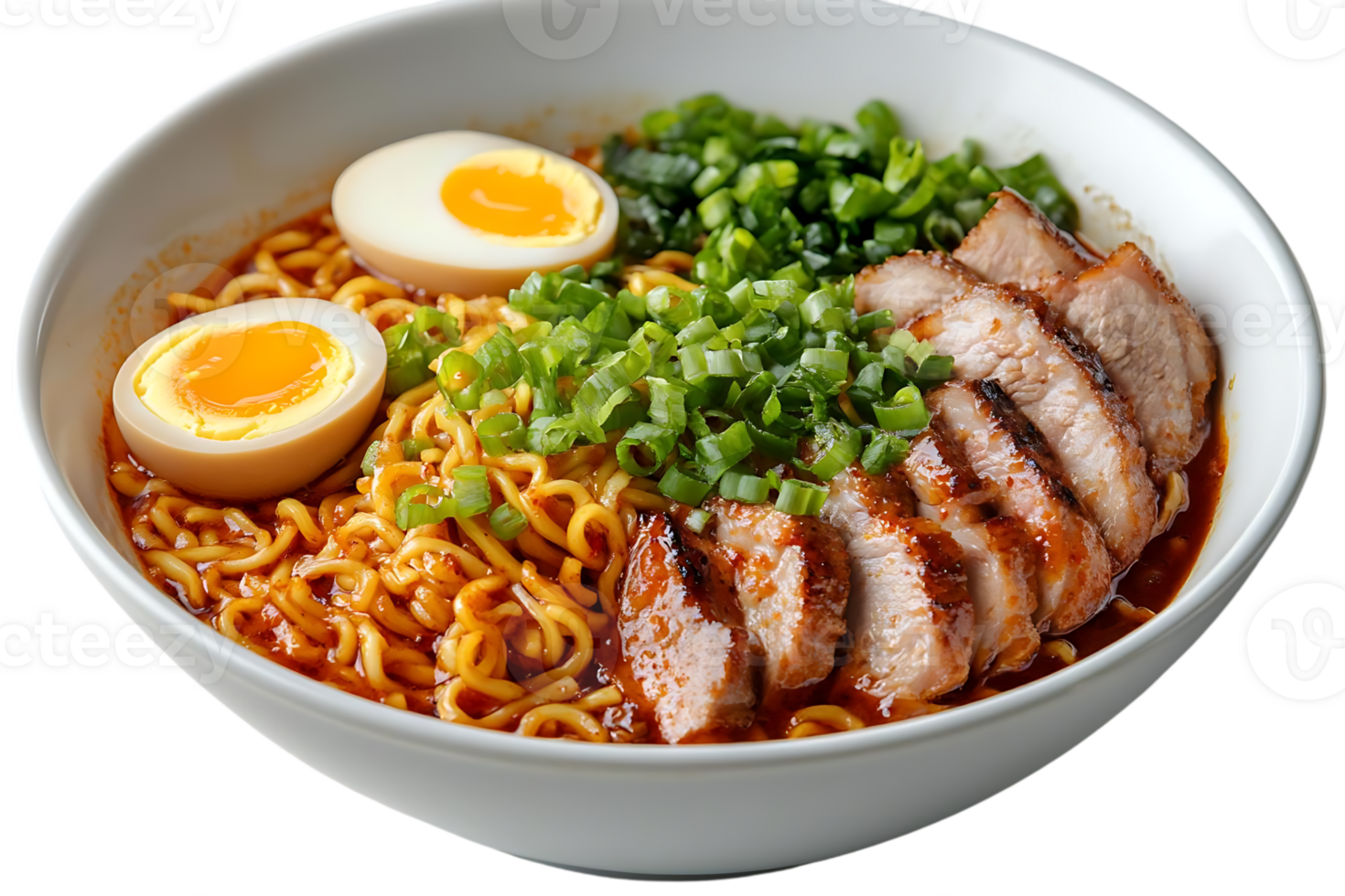 Spicy Pork Ramen Noodles with Soft Boiled Egg and Green Onions - Delicious and Easy to Make png