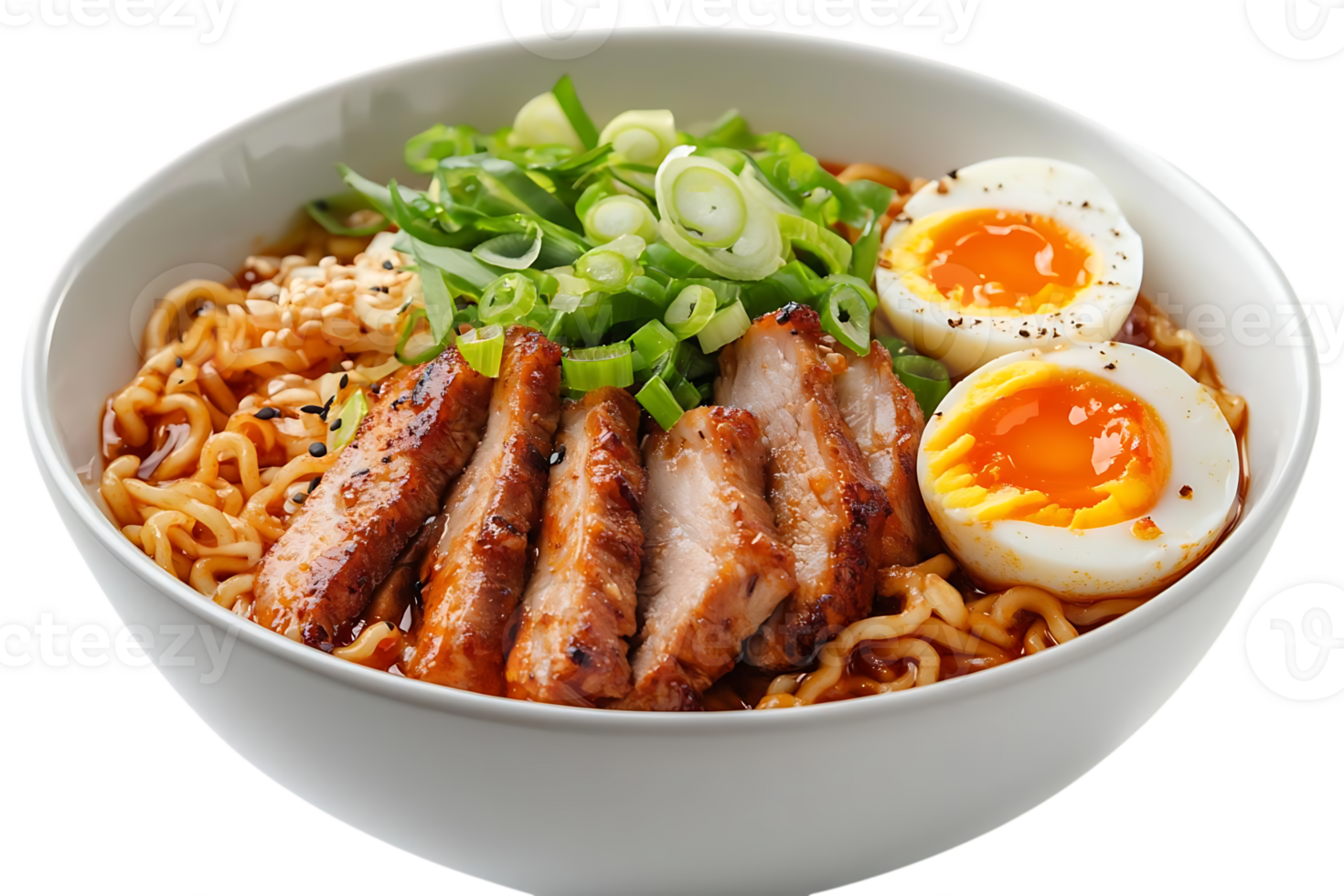 Savory Pork Ramen Noodles with Soft Boiled Eggs and Green Onions, Delicious and Easy Recipe, Transparent Background png