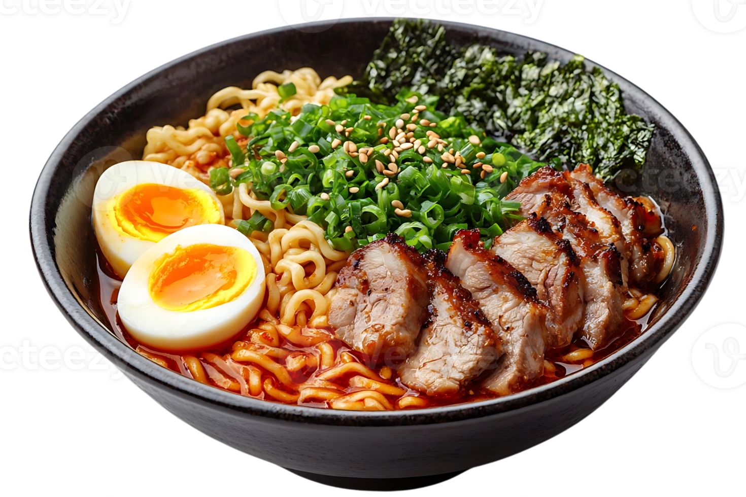 Spicy Pork Ramen Noodles with Seaweed, Egg, and Green Onions on a Transparent Background png