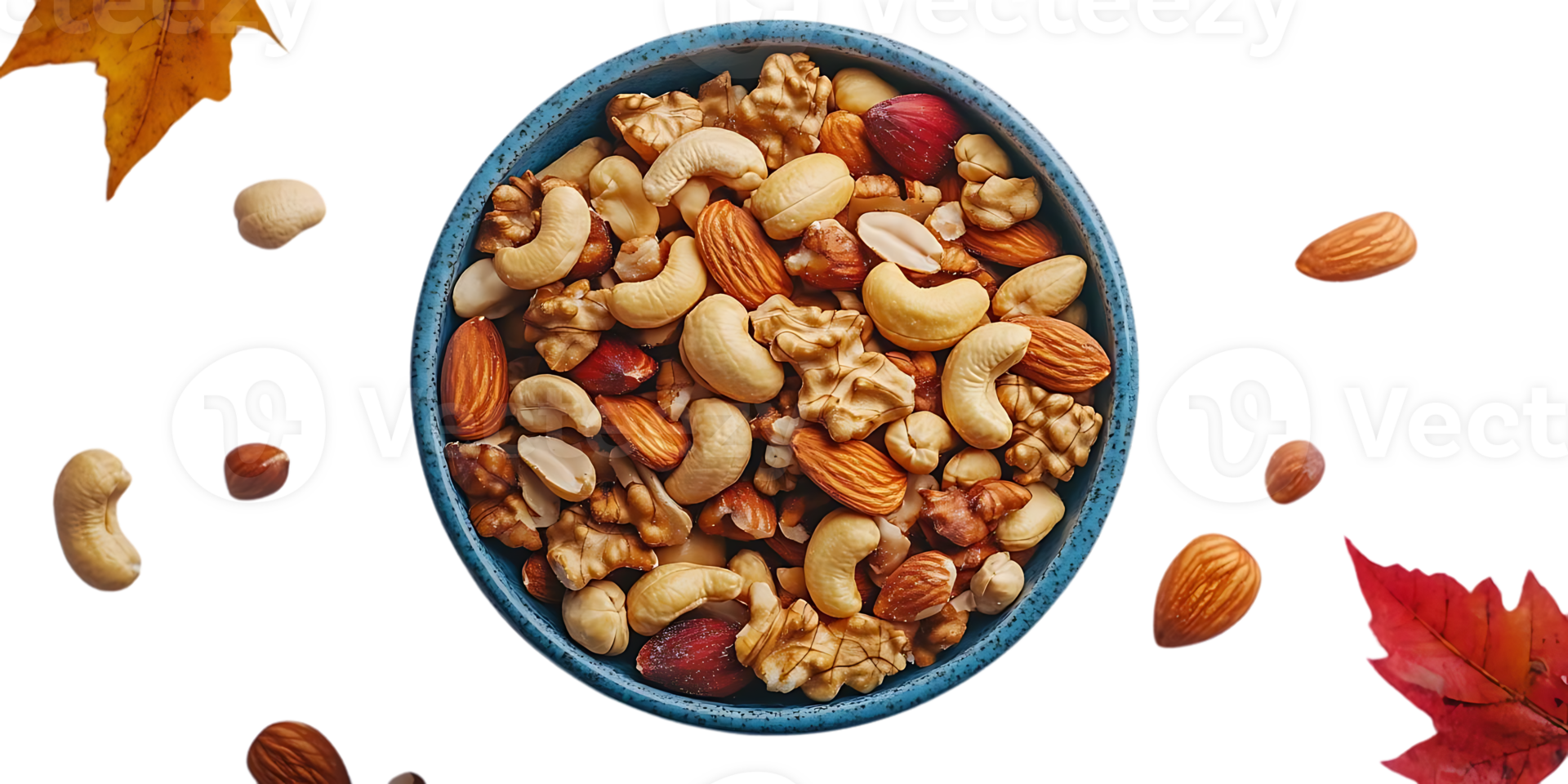 A Bowl of Mixed Nuts with Transparent Background and Fall Leaves png