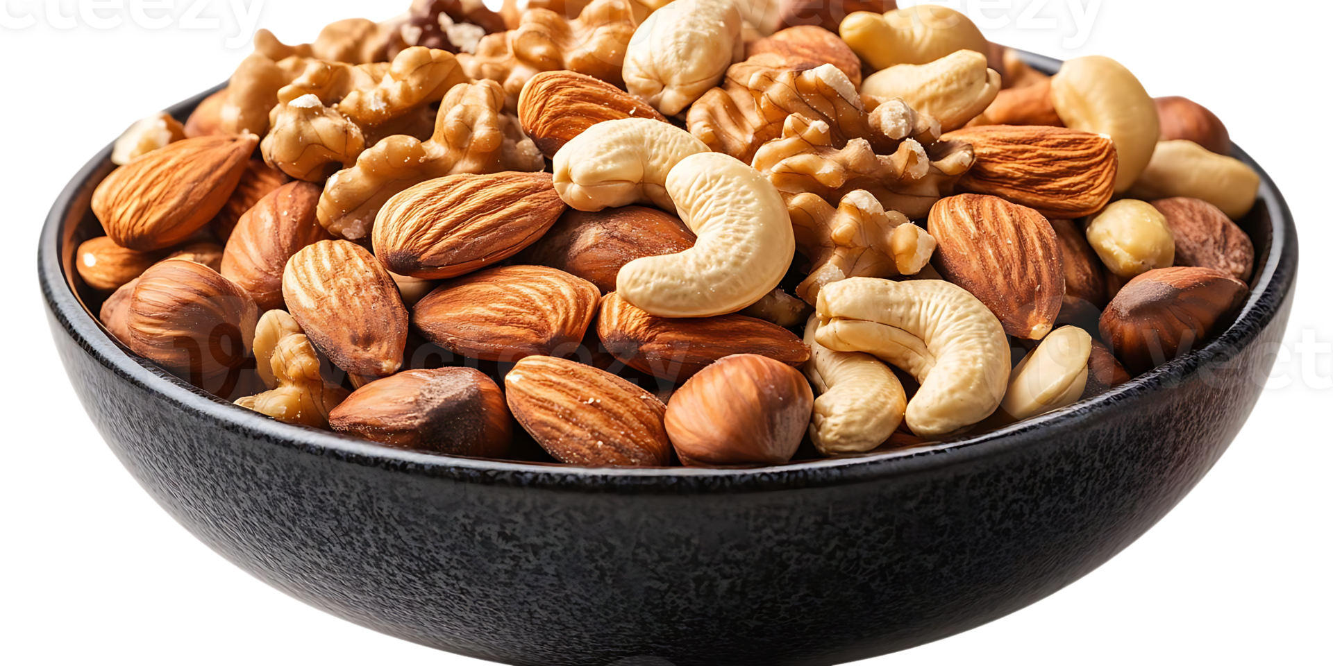 A Bowl of Assorted Nuts, Featuring Almonds, Cashews, Walnuts, and Hazelnuts, Displayed on a Transparent Background png