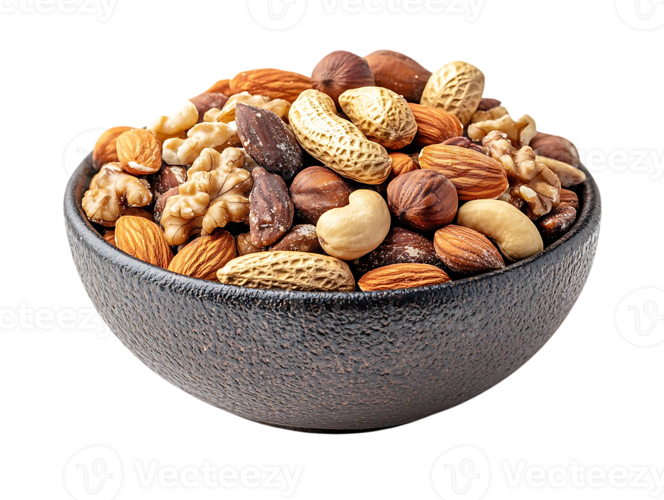 A Bowl of Mixed Nuts, Including Almonds, Walnuts, Cashews, Peanuts, and Hazelnuts, on a Transparent Background png