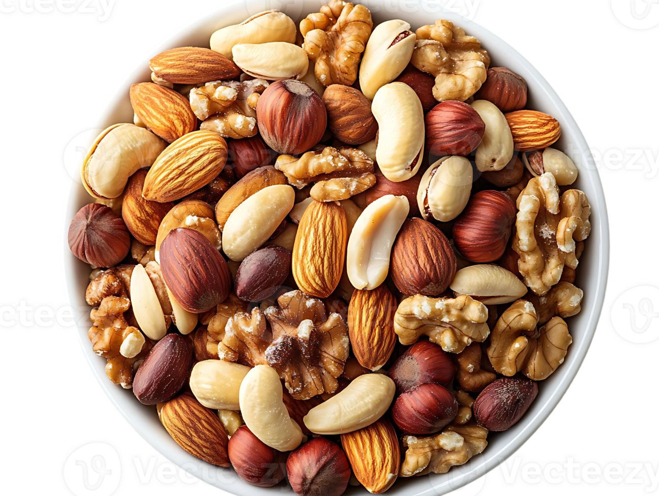 A Bowl of Mixed Nuts, Almonds, Walnuts, Cashews, Hazelnuts, and Pistachios with a Transparent Background png
