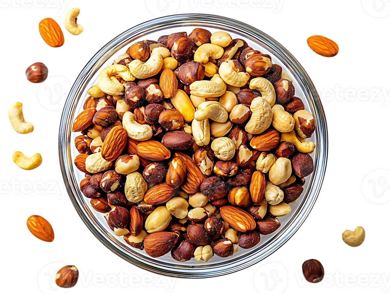 A Bowl of Mixed Nuts, Almonds, Cashews, and Hazelnuts, with a Transparent Background png
