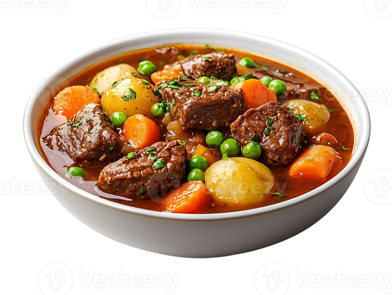 Delicious Beef Stew with Carrots, Potatoes, and Peas in a White Bowl on a Transparent Background png