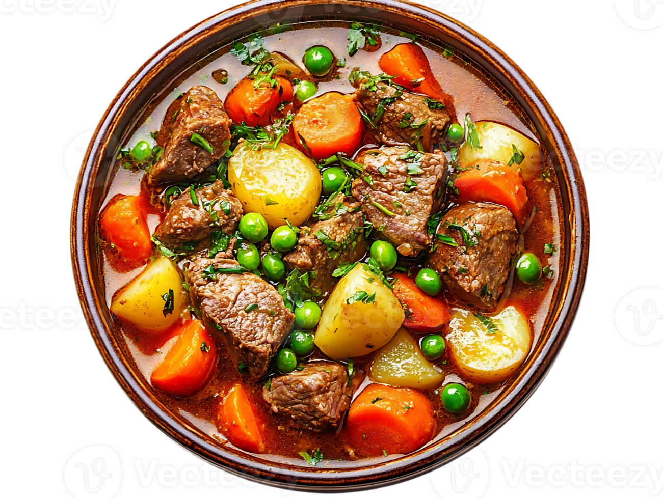 Beef Stew with Carrots, Potatoes, and Peas in a Brown Bowl on a Transparent Background png