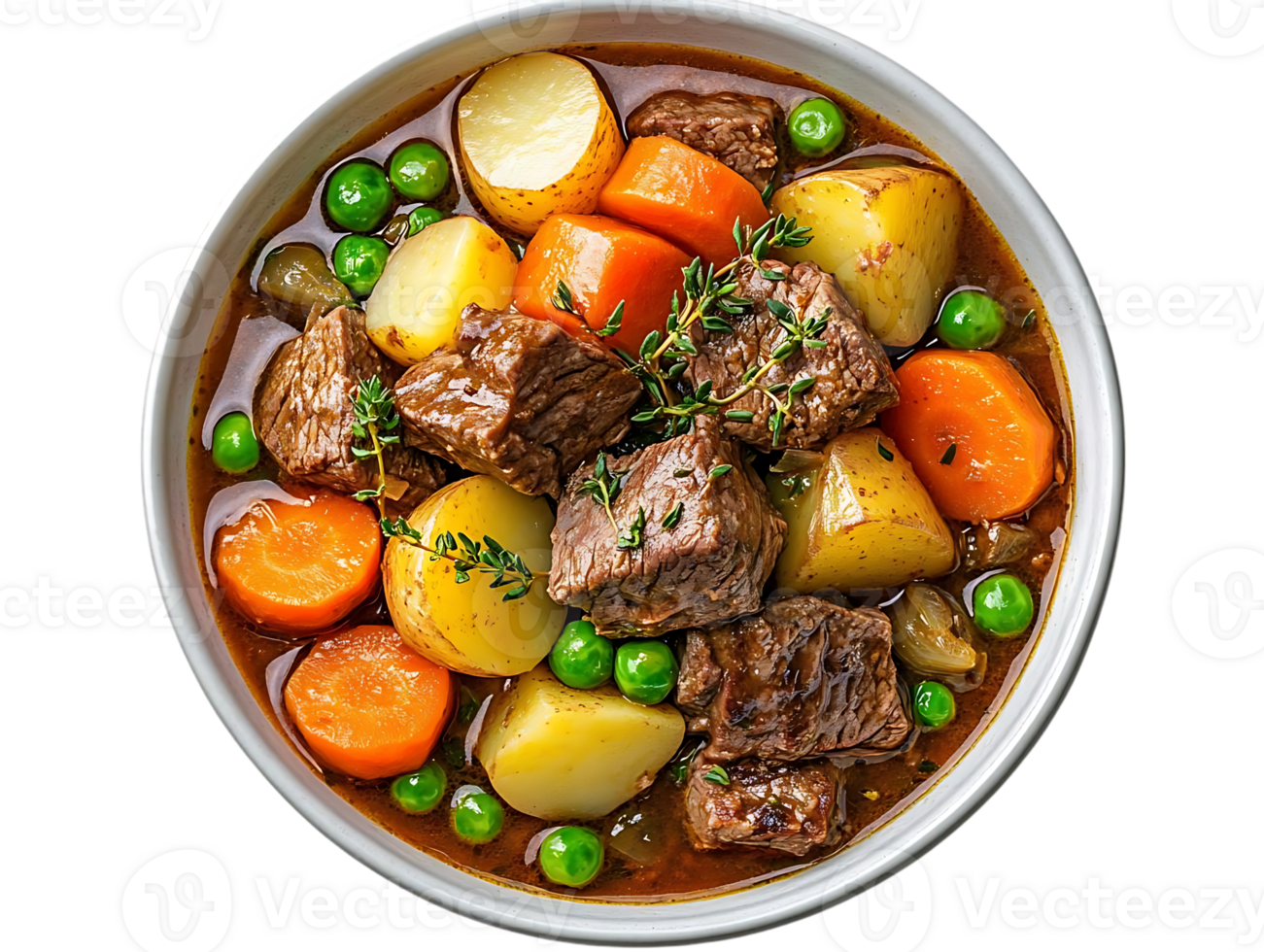 Hearty Beef Stew with Potatoes, Carrots, and Peas in a Rich Gravy, Perfect for a Cold Winter Night, Transparent Background png