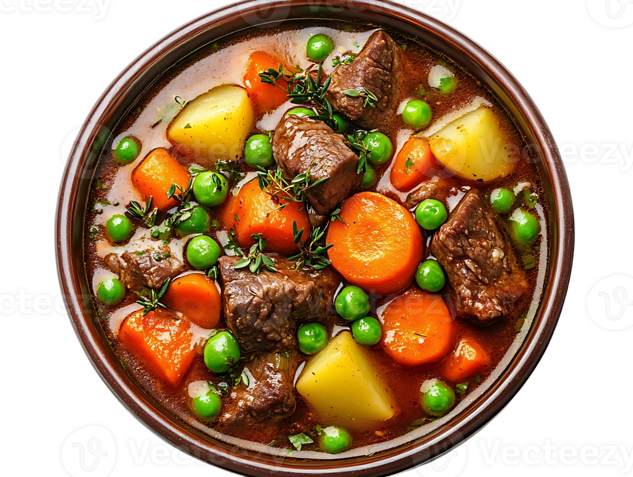Hearty Beef Stew with Carrots, Potatoes, and Peas in a Rich Brown Gravy, Served in a Rustic Bowl with a Transparent Background png