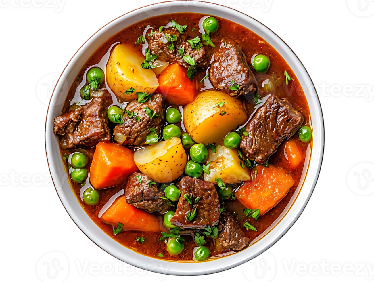 Hearty Beef Stew with Potatoes, Carrots, and Peas in a Rich Gravy - Transparent Background png