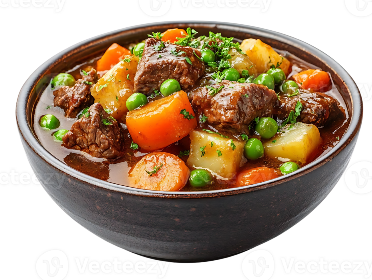 Beef Stew with Carrots, Potatoes, and Peas in a Brown Bowl with a Transparent Background png
