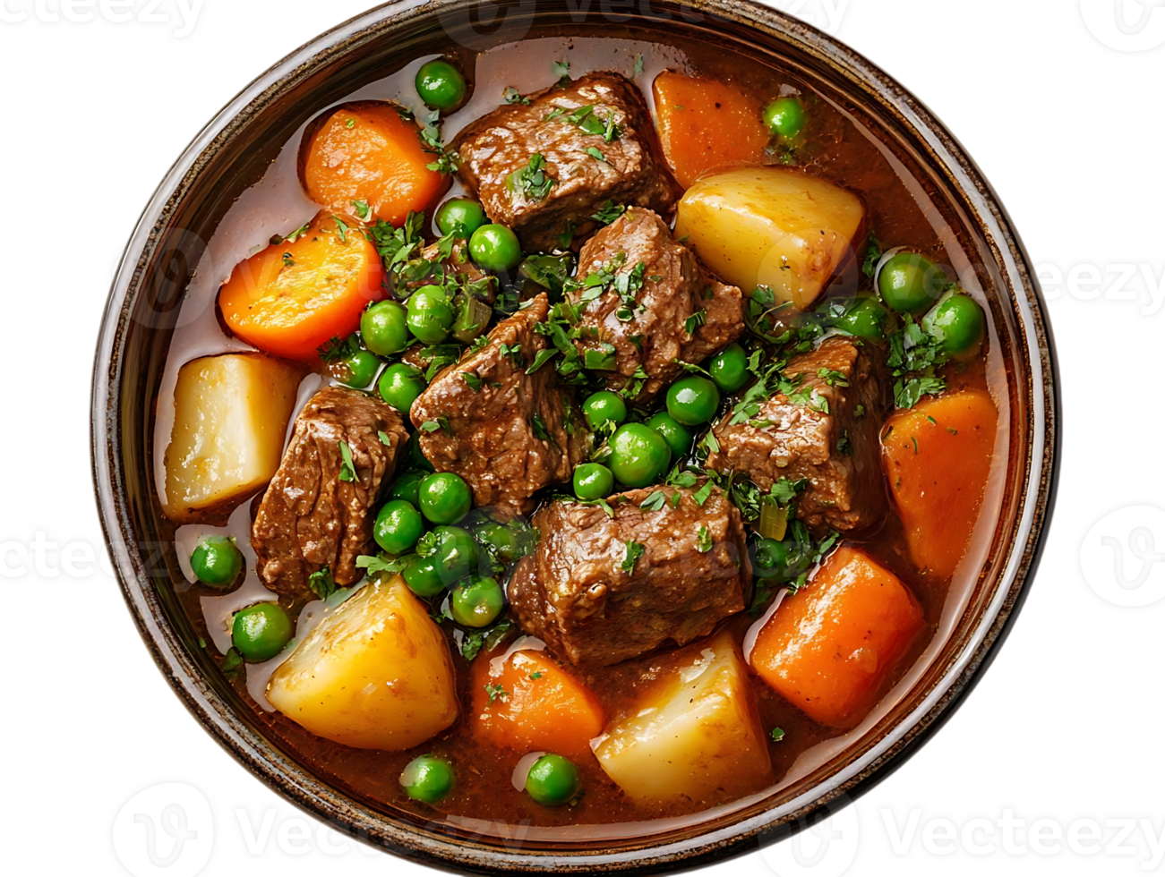 Savory Beef Stew with Carrots, Potatoes, and Peas, a Hearty Meal with a Transparent Background png