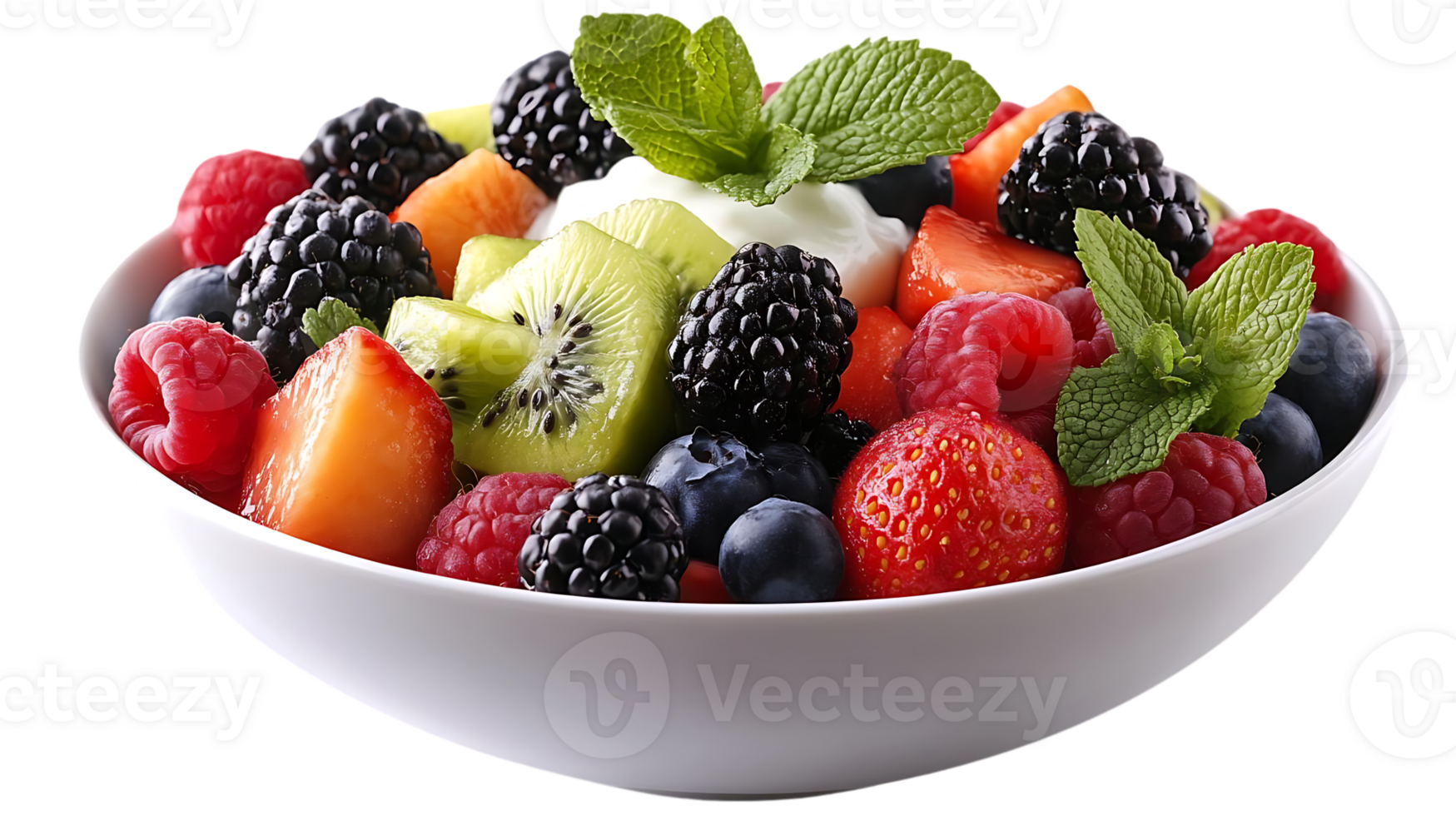 Fresh Fruit Salad with Kiwi, Berries, and Mint, Garnished with Cream and a Transparent Background png