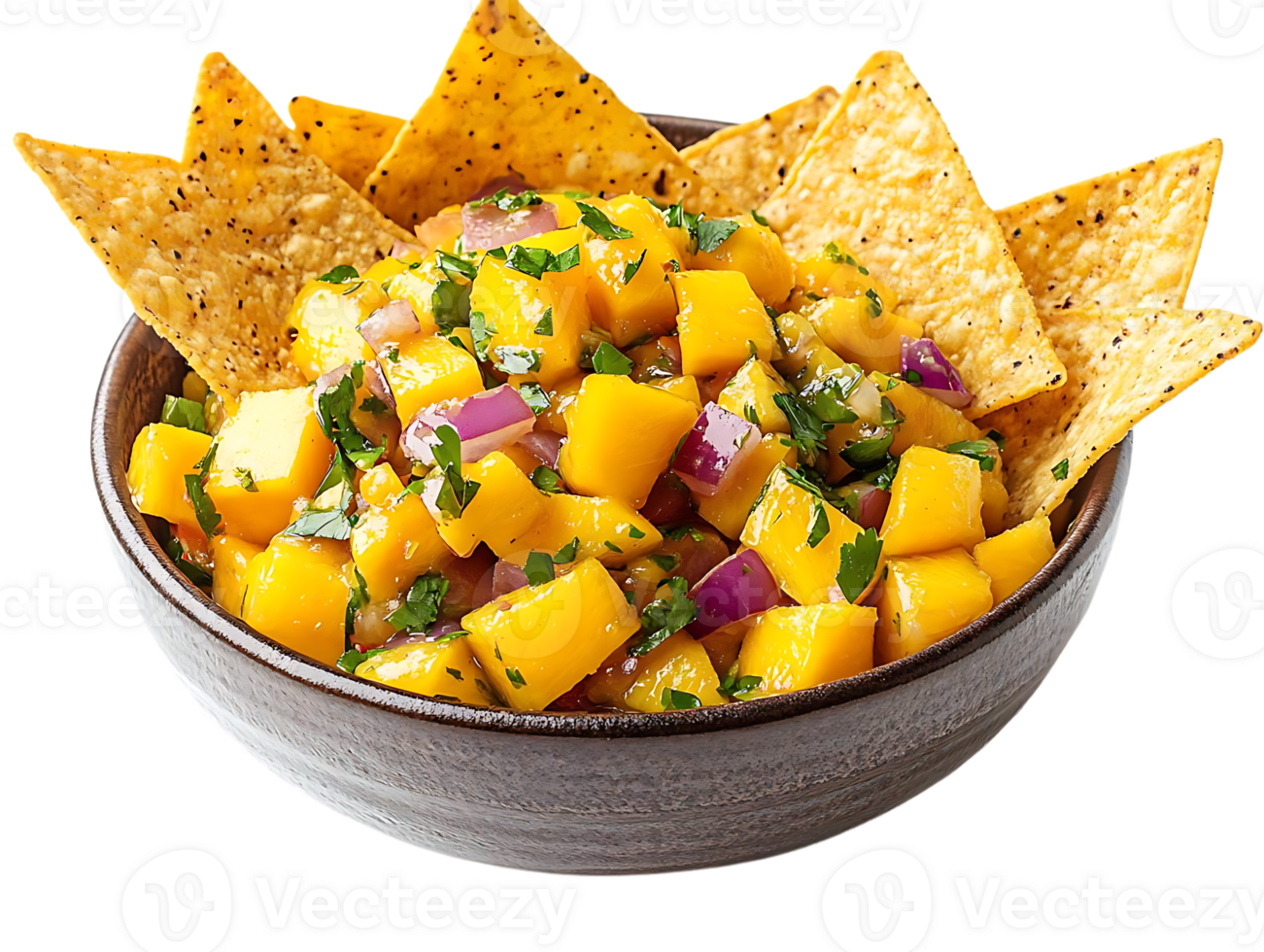 Fresh Mango Salsa with Crispy Tortilla Chips, a Delightful Combination of Sweet and Spicy Flavors with a Transparent Background png