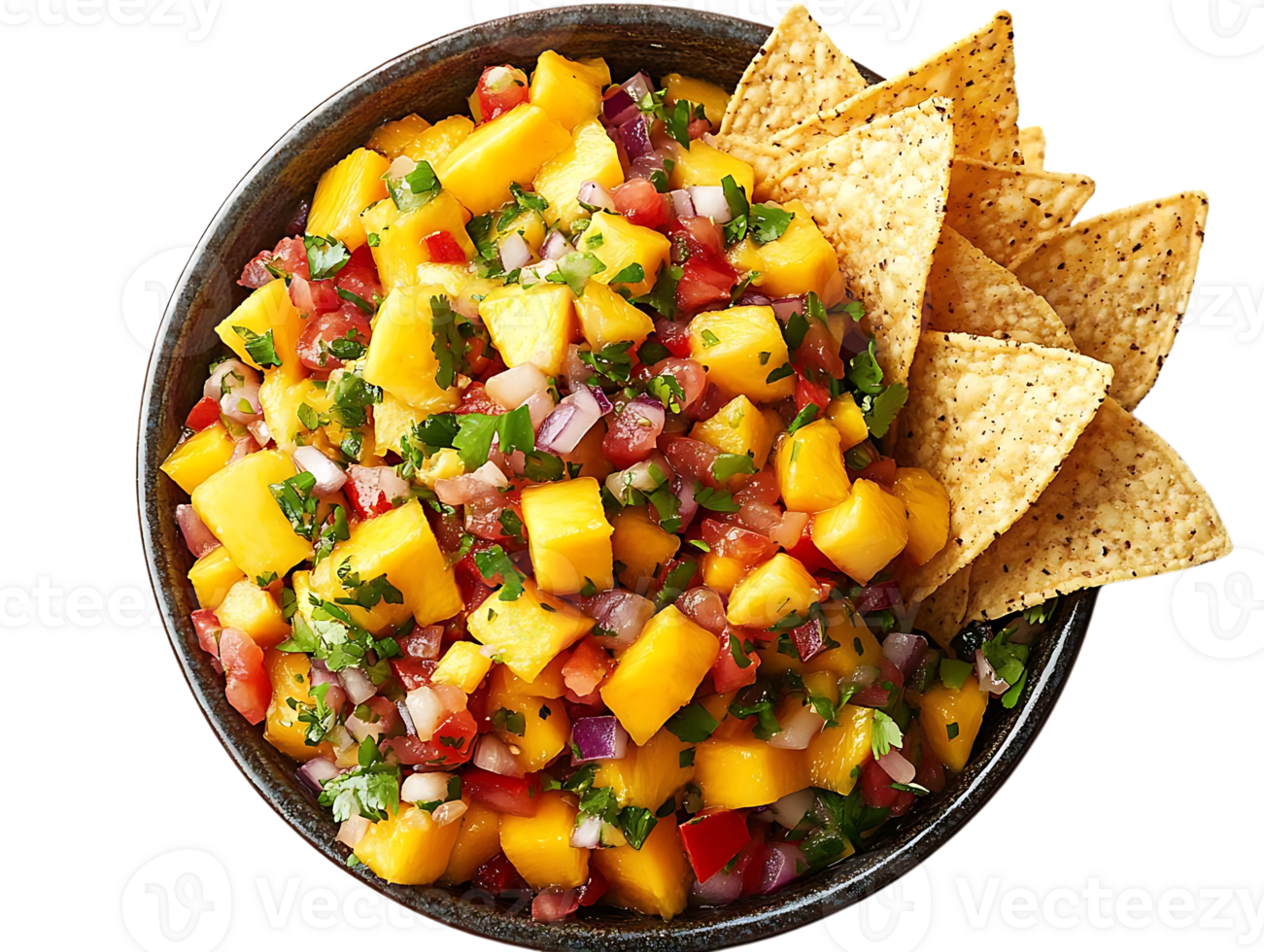 Fresh Mango Salsa with Cilantro, Red Onion, and Tomatoes, Served with Crispy Tortilla Chips on a Transparent Background png