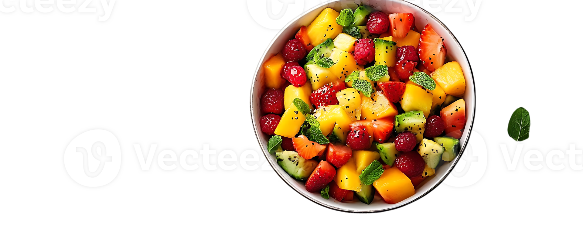 Refreshing Fruit Salad with Mango, Strawberries, Raspberries, Cucumber, and Mint Leaves, a Delicious and Healthy Treat on a Transparent Background png