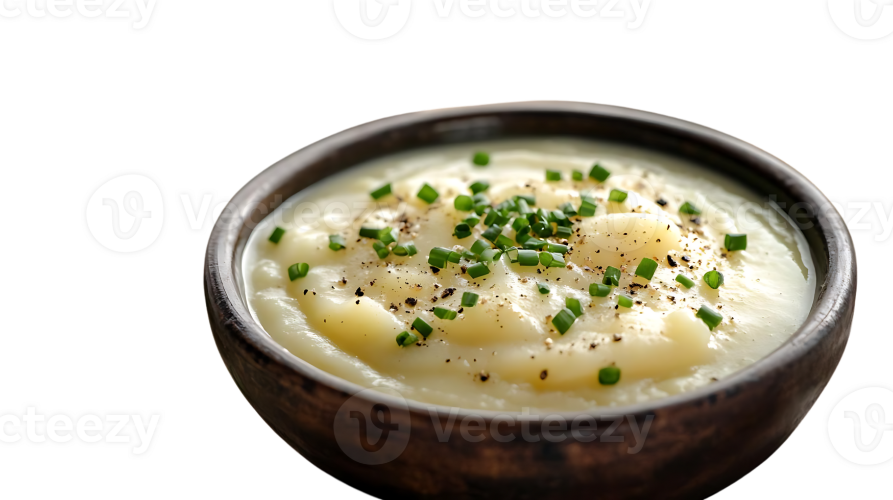 Creamy Mashed Potatoes with Chives and Pepper, Served in a Rustic Brown Bowl on a Transparent Background png