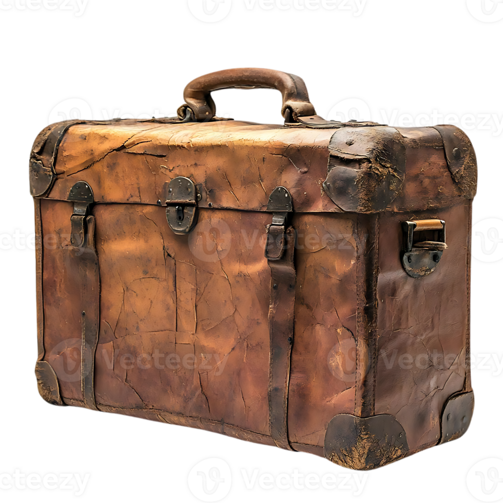 Vintage Leather Suitcase with Worn Texture and Brass Hardware on a Transparent Background png