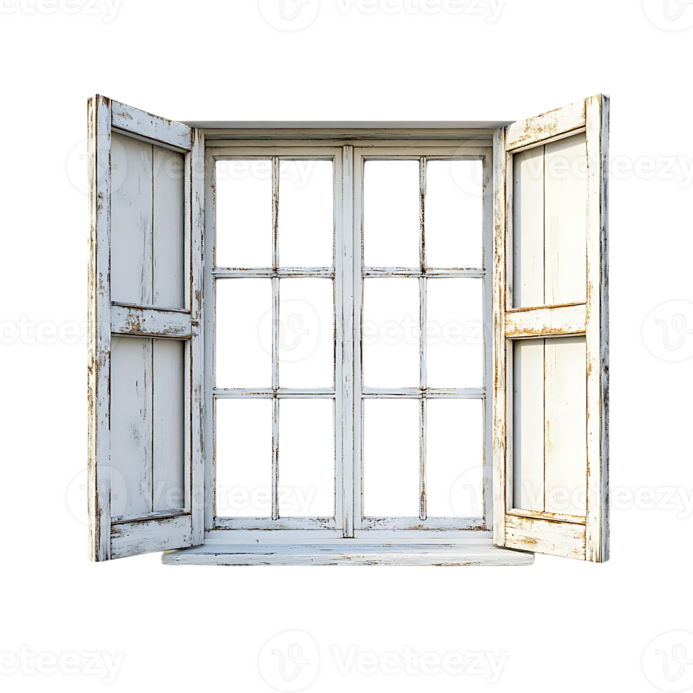 White Wooden Window with Open Shutters and Transparent Background png