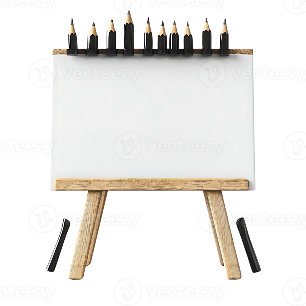 Blank Canvas with Black Pencils on Wooden Easel with Transparent Background png