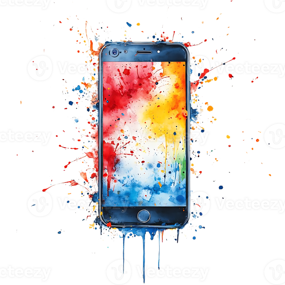 Smartphone with Watercolor Background, Colorful Splashes, Transparent Background png