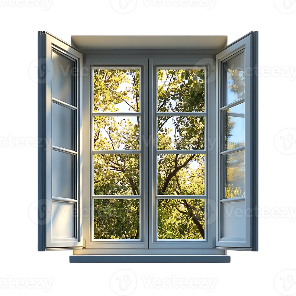 Window with Open Shutters Showing Green Trees Through Transparent Background png