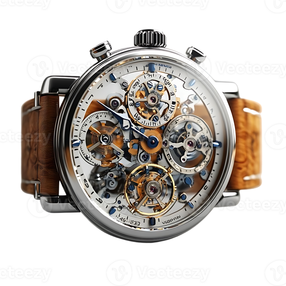 Vignet  EG35.45 Mechanical Skeleton Watch with Transparent Background and Brown Leather Strap png