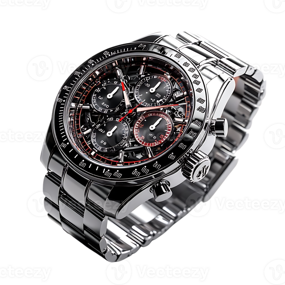 Sleek Black and Red Chronograph Watch with Transparent Background, a Striking Timepiece with Precision and Style png