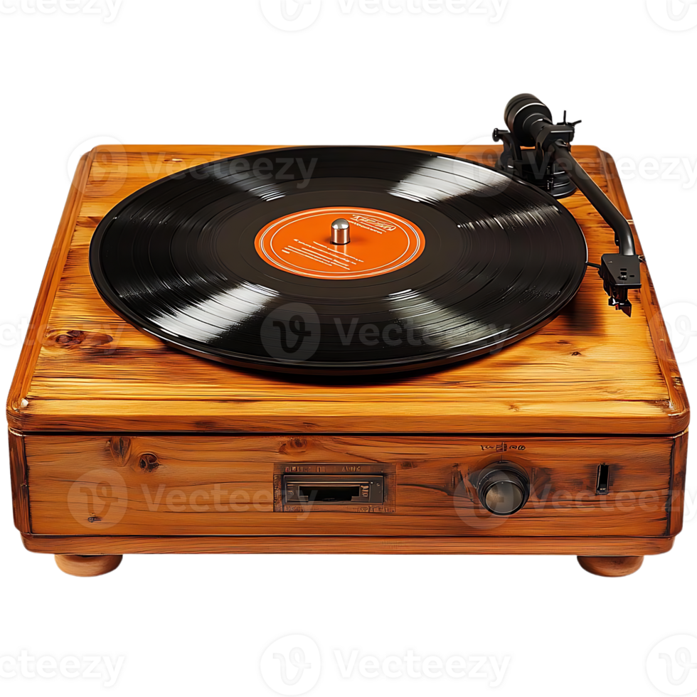 Vintage Wooden Turntable Playing a Record with a Transparent Background png