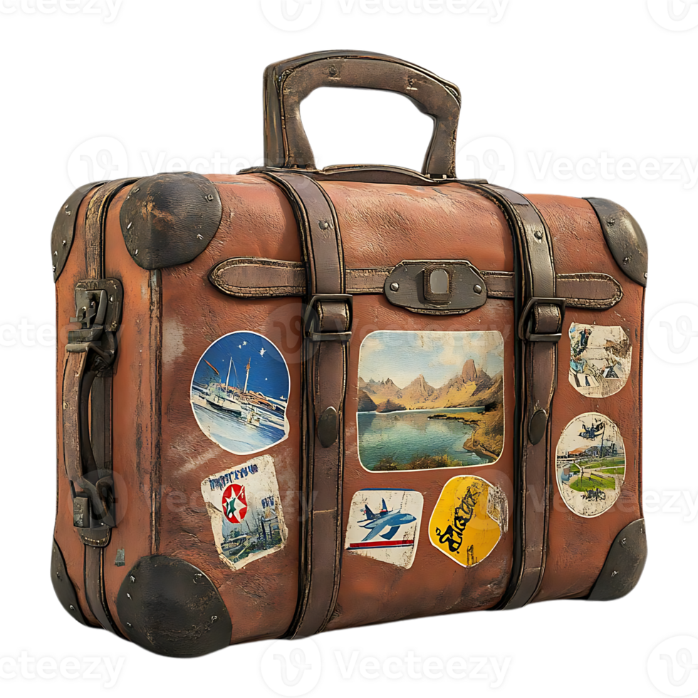 Vintage Leather Suitcase with Stickers, Worn and Travel-Weathered, Featuring a Transparent Background png