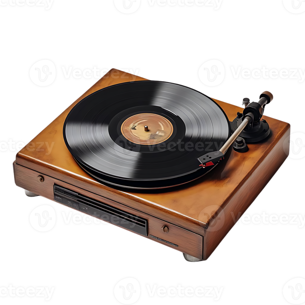 Vintage Turntable with Transparent Background Playing a Vinyl Record with a Wooden Cabinet png