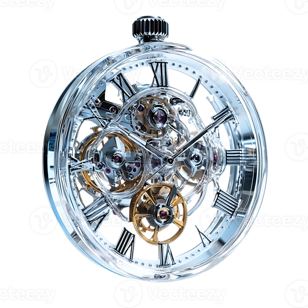 Transparent Skeleton Watch with Exposed Mechanism and Roman Numerals png