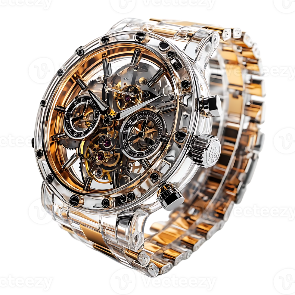 Transparent Skeleton Watch with Gold Accents and a Crystal Case png