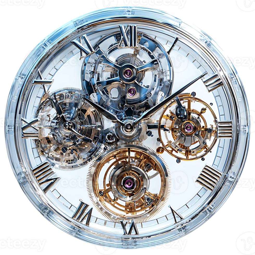 A Close-Up View of a Complex Mechanical Watch with Transparent Background, Revealing its Intricate Gears and Mechanism png