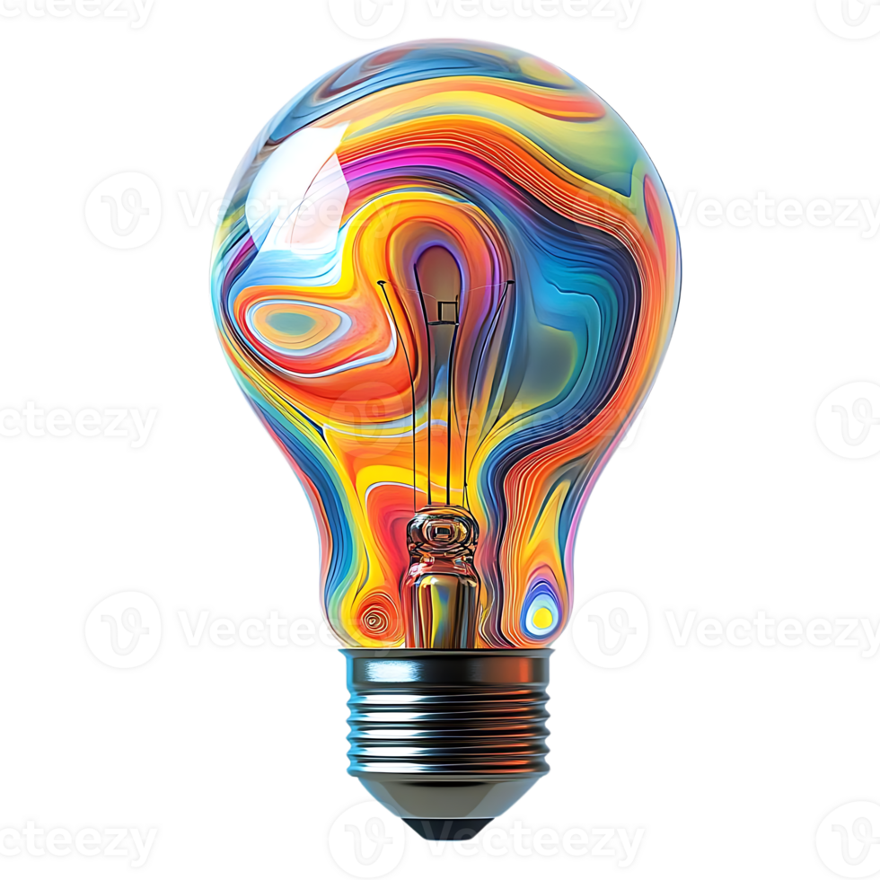 Colorful Light Bulb with a Transparent Background, Vivid Hues and a Swirling Pattern, Bright and Imaginative png