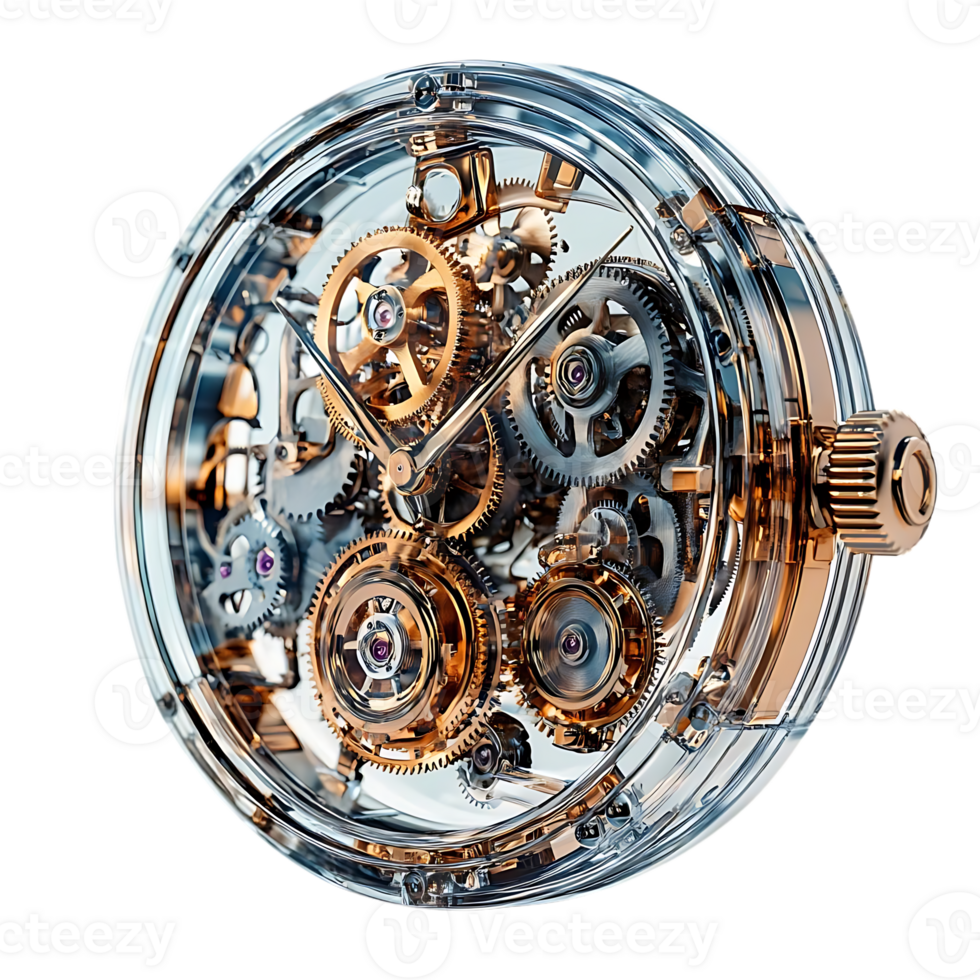 Transparent Watch with Intricate Gold Gears Displaying Time Precisely and Elegantly, a Mechanical Marvel png