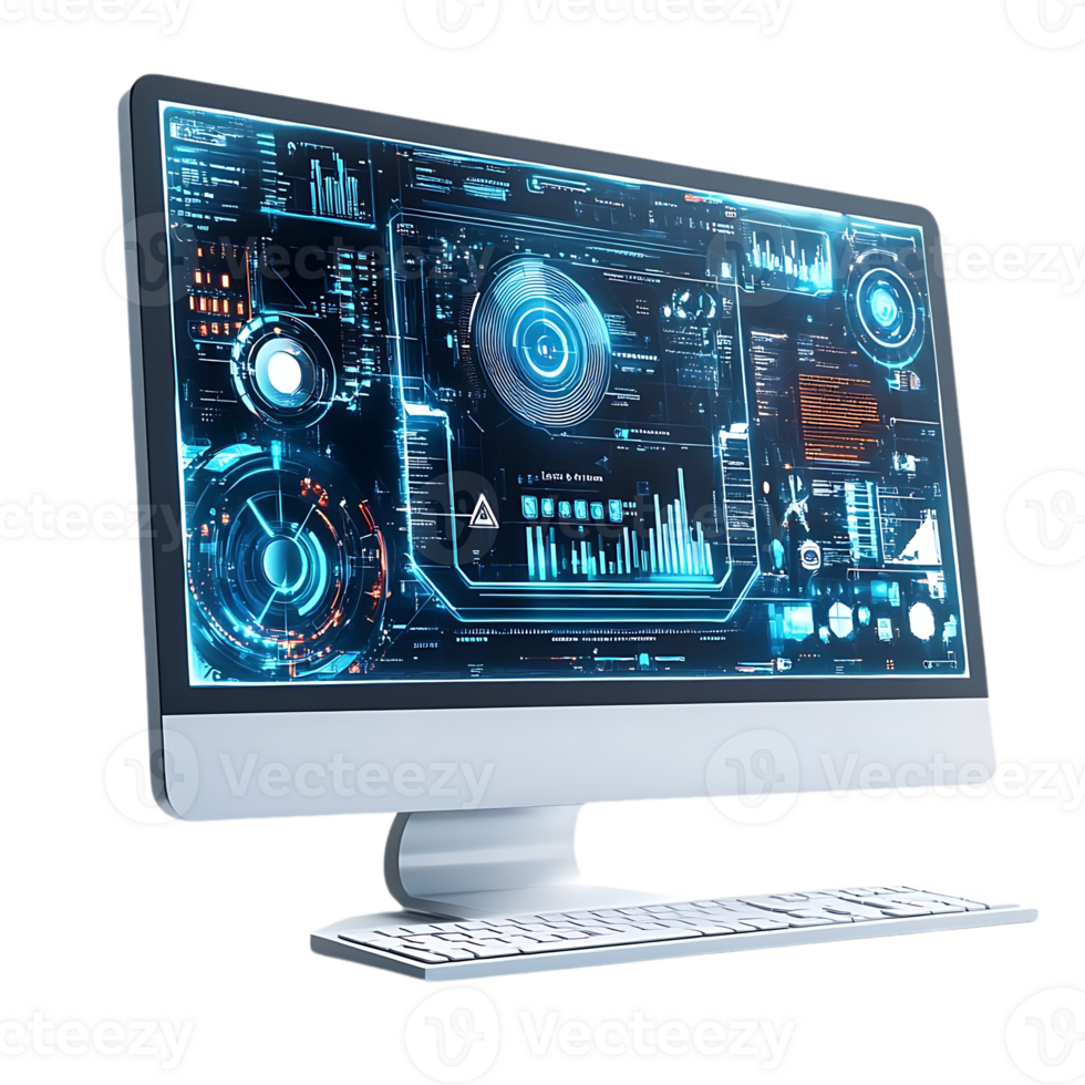 Futuristic Computer Displaying Data with Transparent Background, Modern Technology with User Interface, Futuristic Design with Sci-Fi Interface png