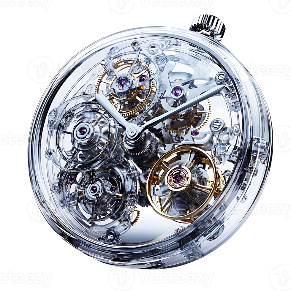 A Transparent Watch with a Complex Movement, Exhibiting Intricate Gears and a Refined Design, on a Black Background png