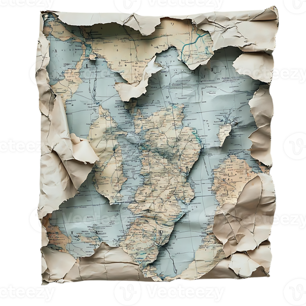 A Torn Map with a Transparent Background Reveals a Detailed Chart of Coastal Regions, Navigational Routes, and Geographical Features. png
