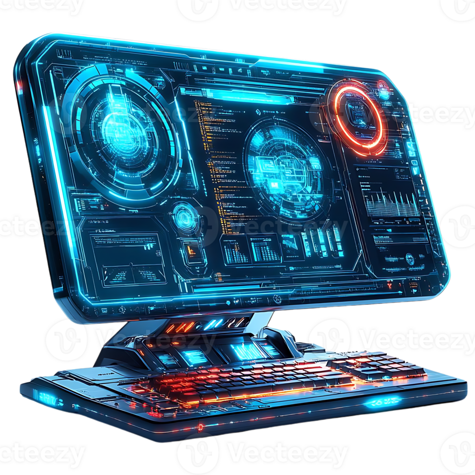 Futuristic Computer with Transparent Background, Glowing with Blue and Red Lights, Displaying Futuristic Interface png