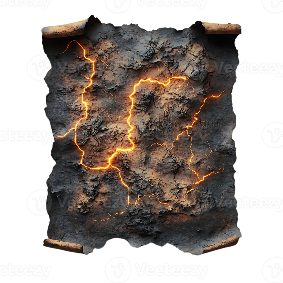 Glowing Lava Path on a Rolled Up Parchment, a Dark and Mystical Background with Transparent Background png